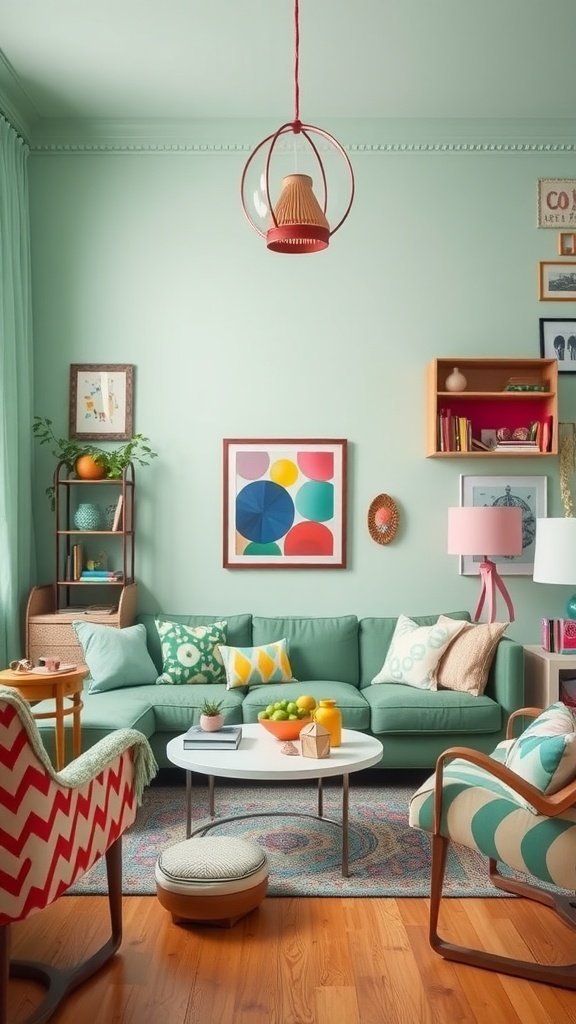 A whimsical mint green living room featuring colorful cushions, artwork, and a bright atmosphere.