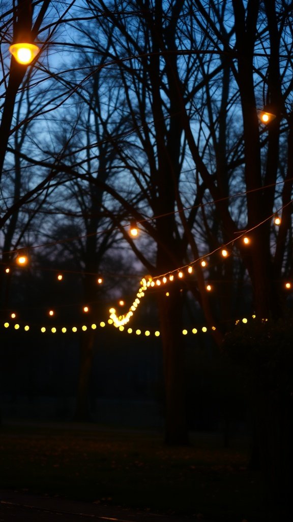 String lights hanging between trees at dusk