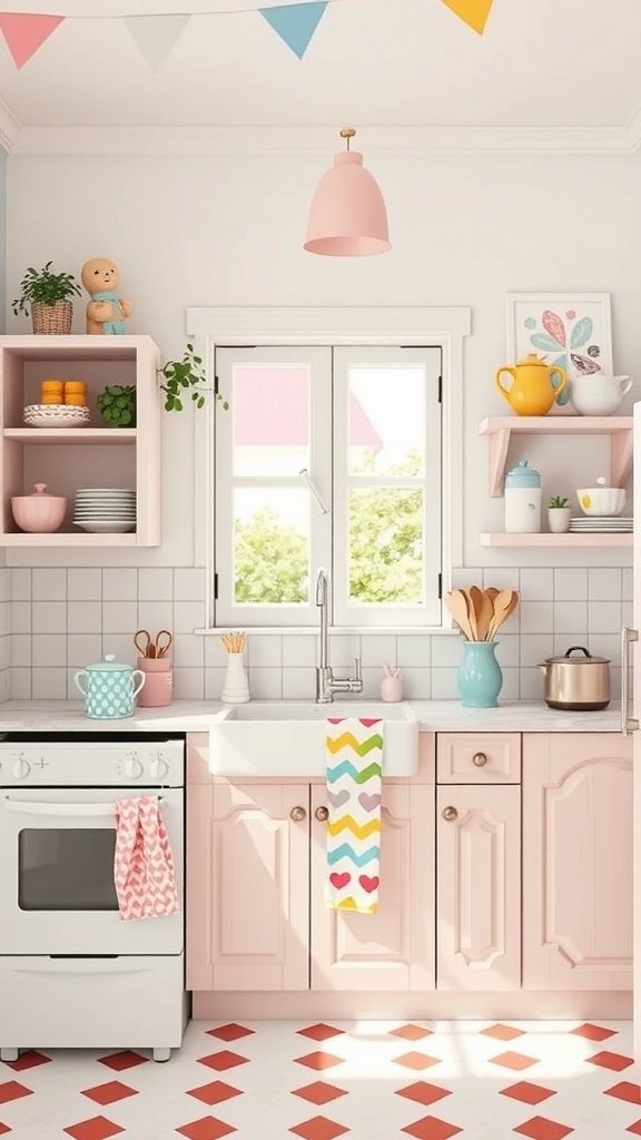 A charming kitchen featuring pastel colors, playful decor, and a cozy atmosphere.