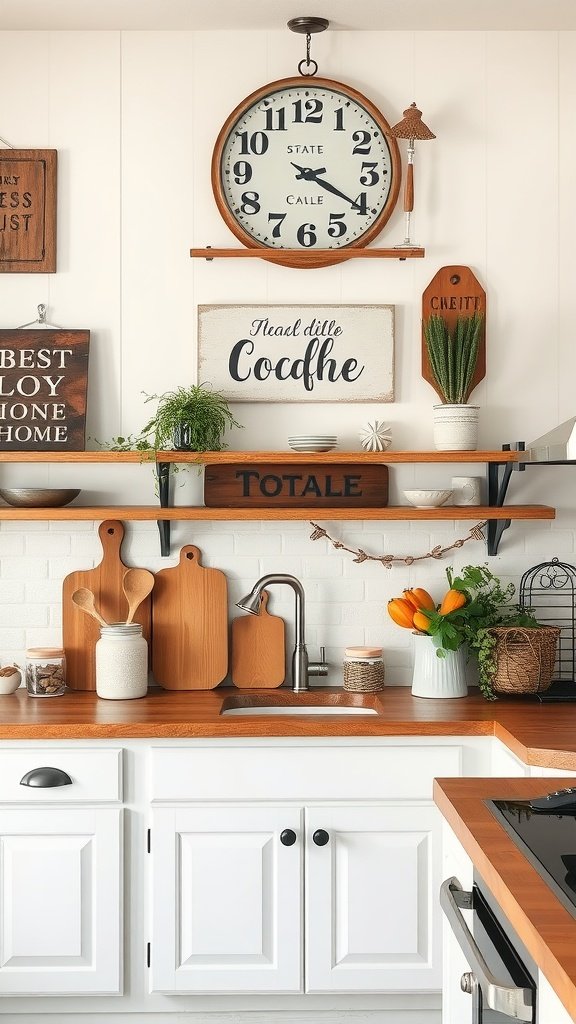 A cozy farmhouse kitchen with whimsical wall art including a large clock and decorative signs.