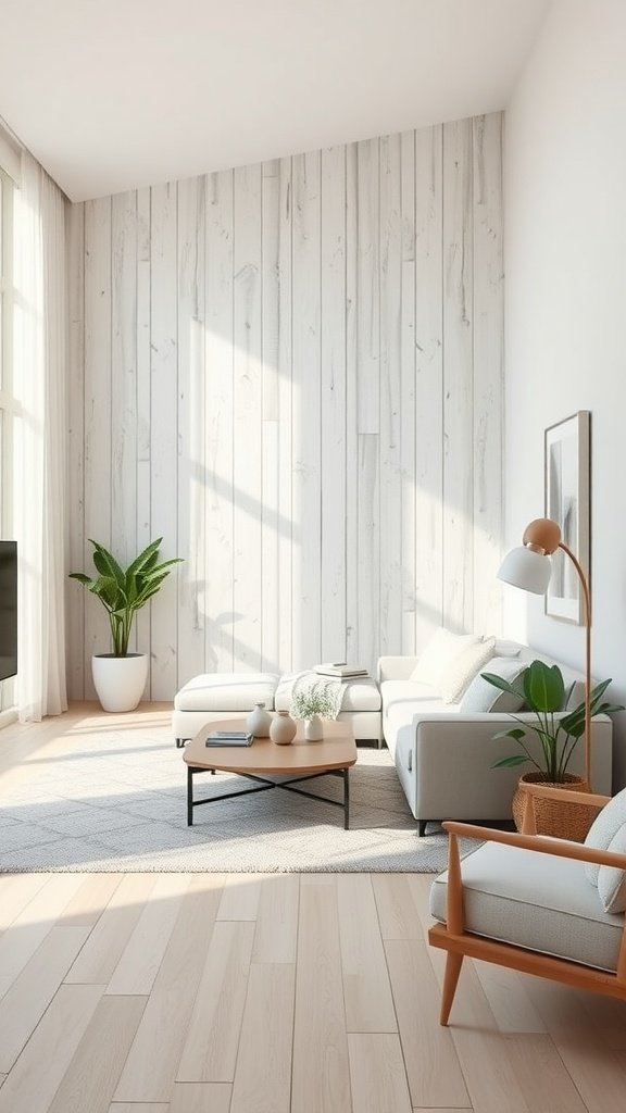 Modern living room featuring a whitewashed wood accent wall with light furniture and plants.