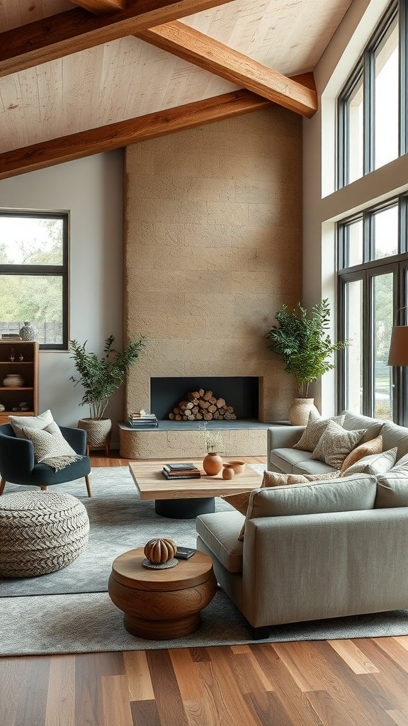 A modern living room featuring wild olive wood elements alongside cozy furnishings.