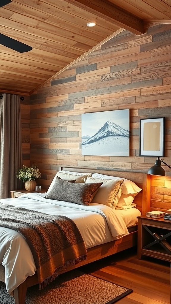 Wood block accent wall in a cozy cabin bedroom with a bed and warm lighting