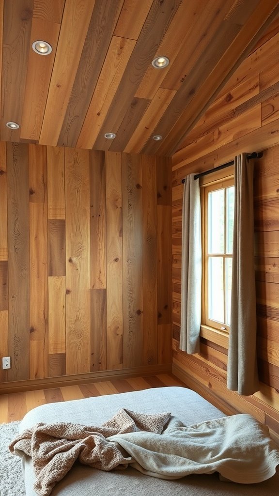 A cozy cabin-inspired bedroom with wood grain wallpaper and soft bedding.