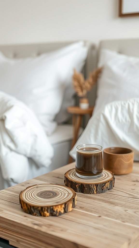 Wood slice coasters with a glass of coffee and a wooden bowl on a rustic wooden table.