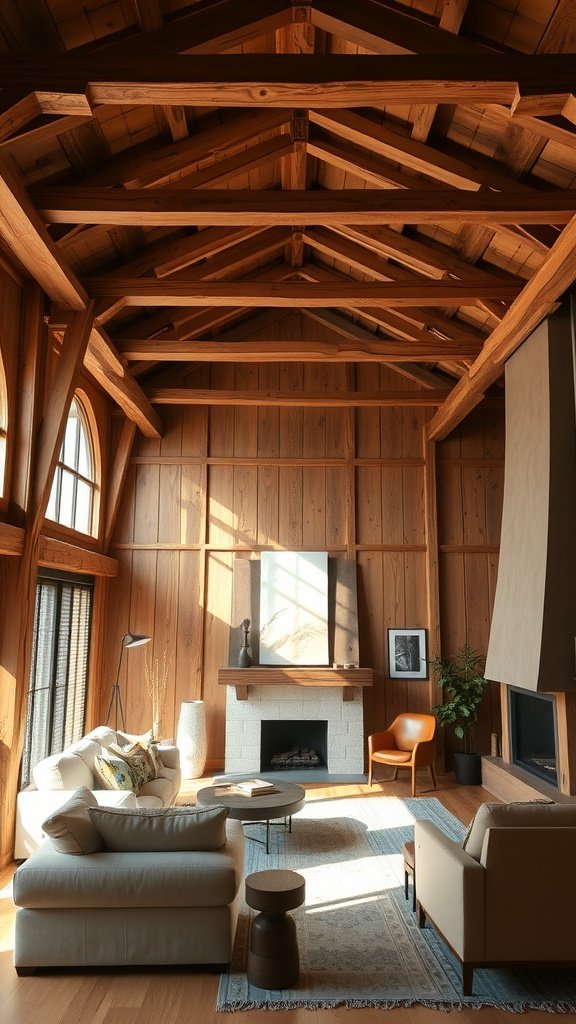 A cozy living room featuring wooden beams and warm furnishings.