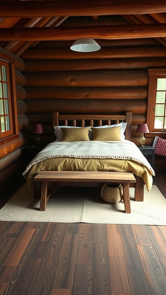 A wooden bench placed at the foot of a bed in a rustic cabin-style bedroom.