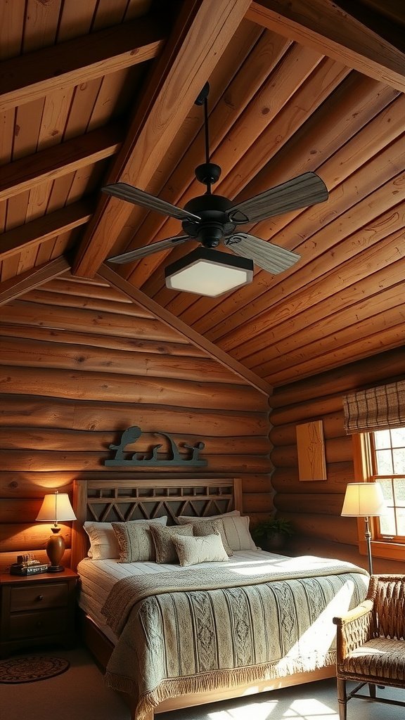 A wooden ceiling fan hangs from a wooden ceiling above a bed in a cabin-inspired bedroom.