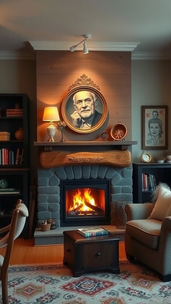 Cozy rustic living room featuring a wooden fireplace and warm decor