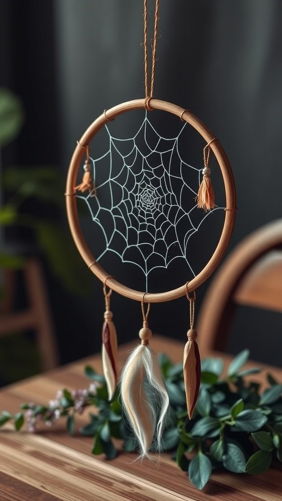 A wooden hoop dreamcatcher with a web design and feathers, displayed on a table with greenery.