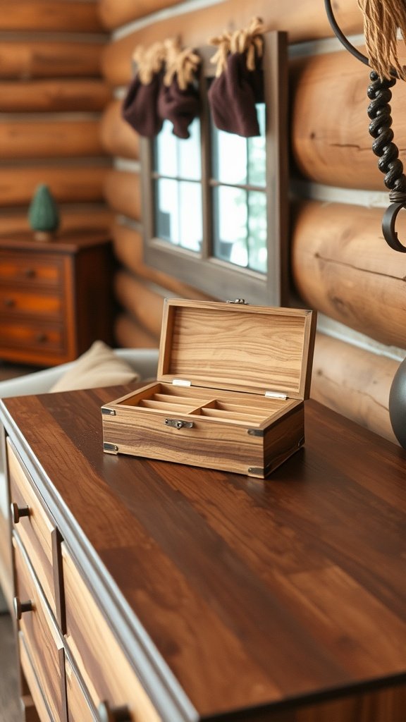 A wooden jewelry box on a rustic wooden dresser in a cabin setting.