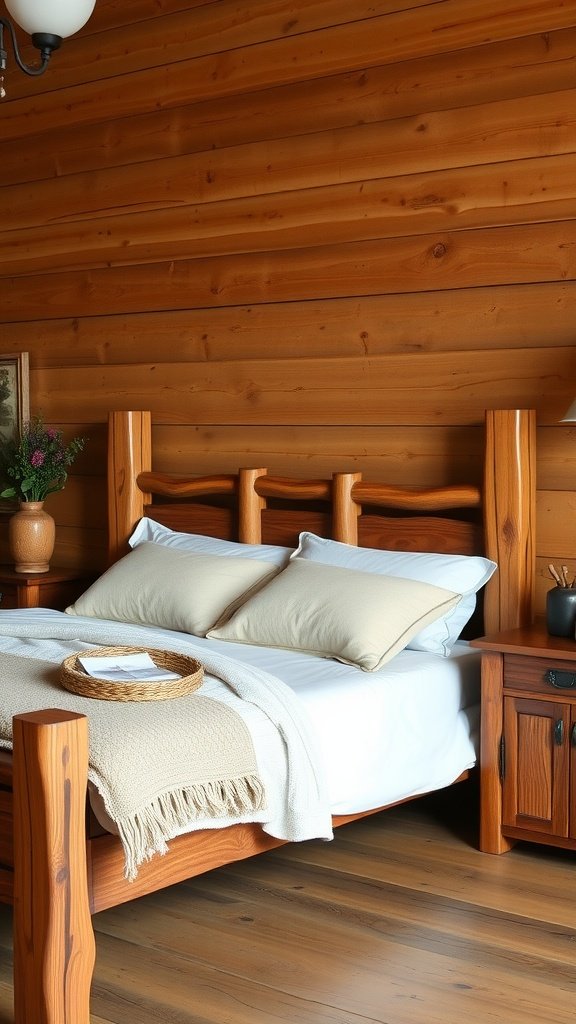 Stylish wooden bed with matching nightstand in a cozy cabin bedroom