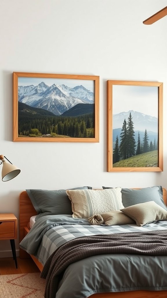 Two wooden picture frames featuring mountain landscapes hang above a bed in a cozy bedroom.
