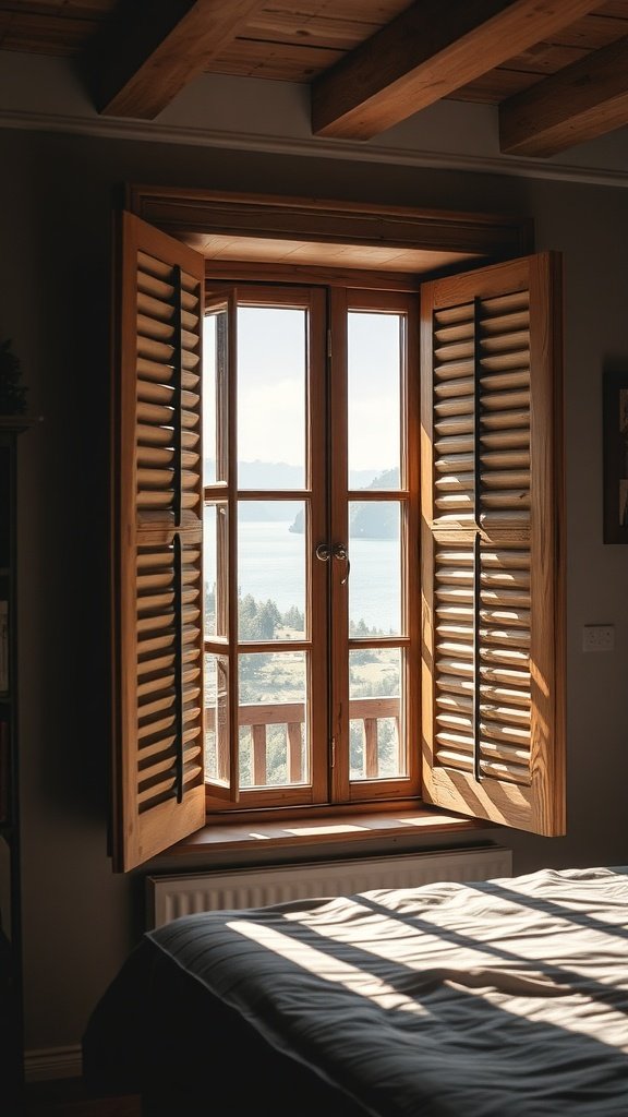 A cozy bedroom with open wooden window shutters, allowing natural light to stream in.
