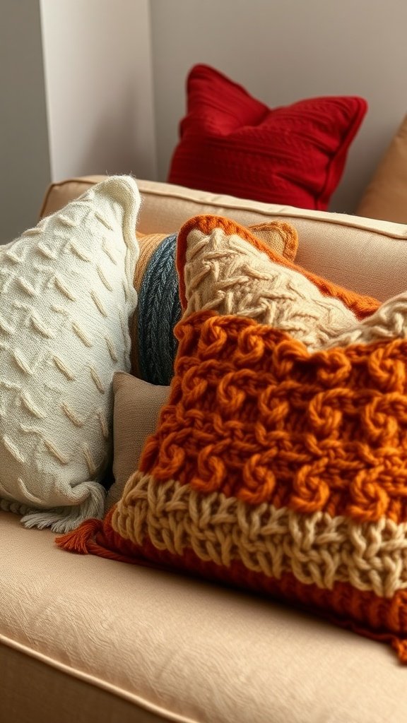 A collection of woolen pillows in various colors and textures on a beige sofa.