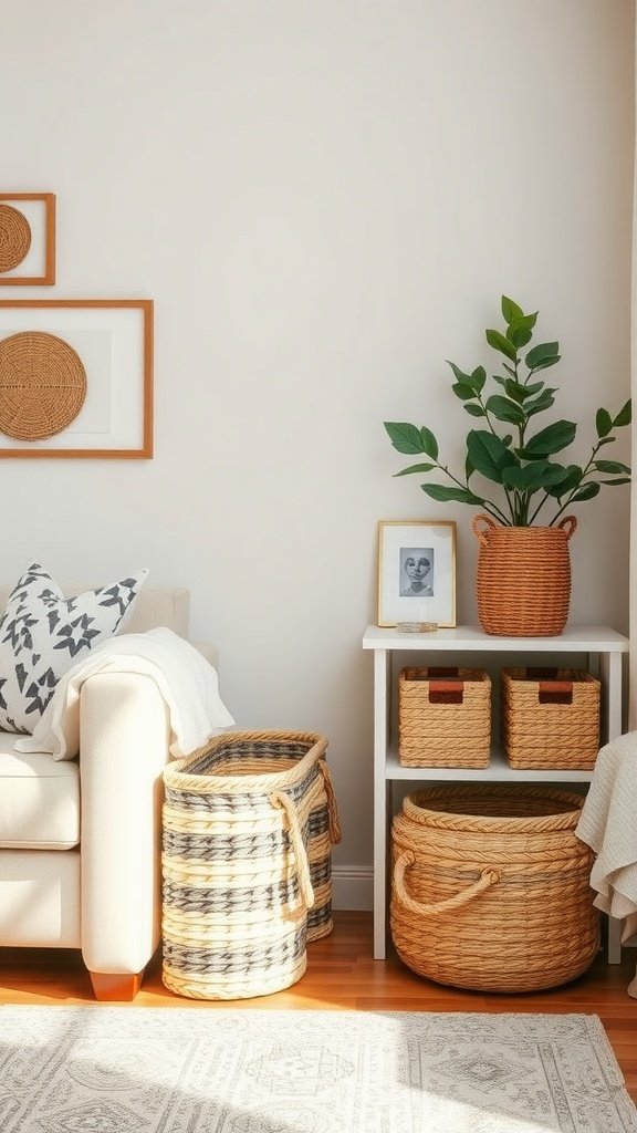 A cozy living room corner with woven baskets for organized storage.