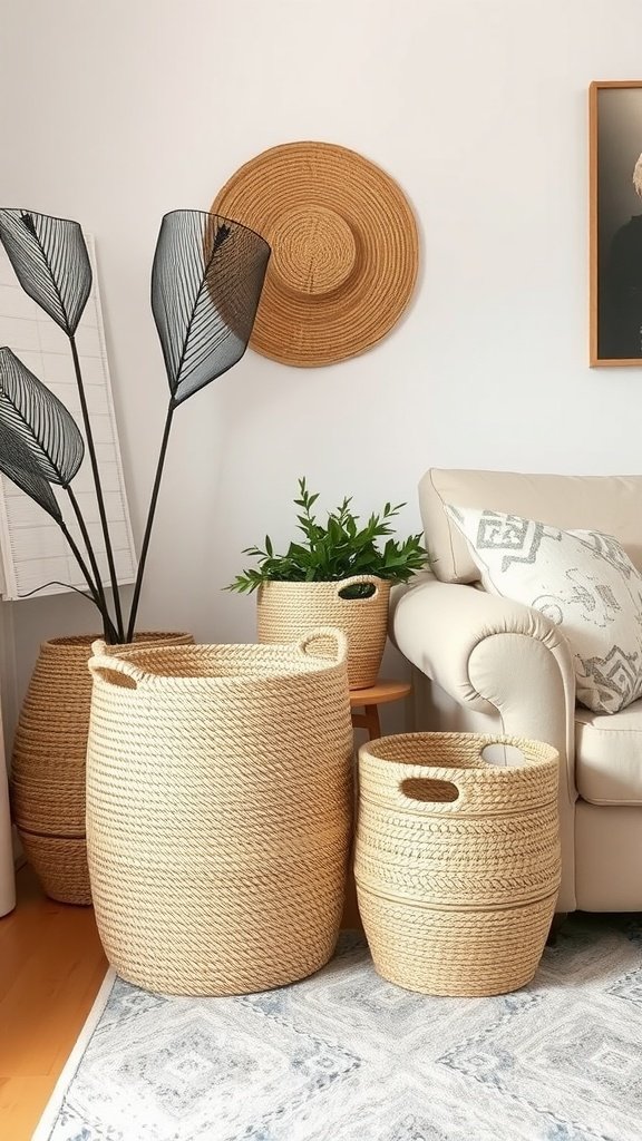 A collection of woven beige baskets in a living room setting.