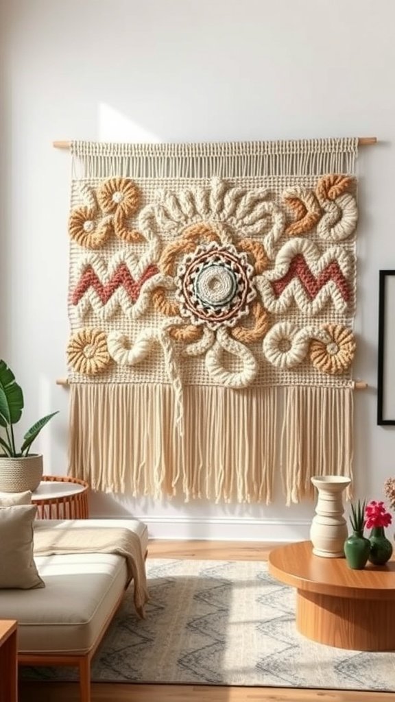 A woven macramé wall panel with intricate patterns and natural colors.