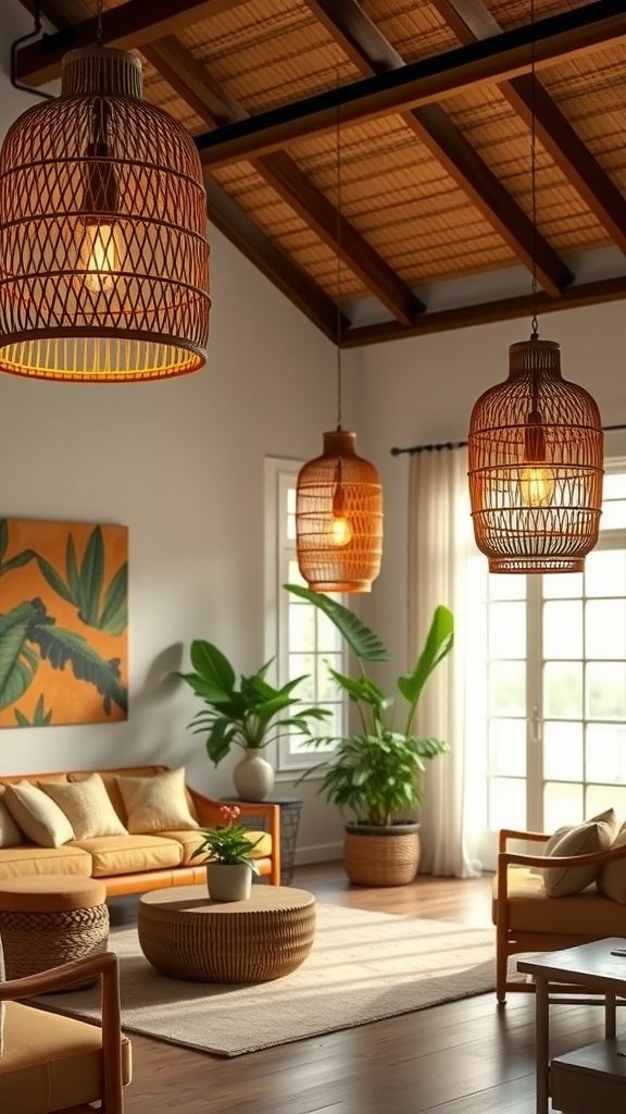 A living room featuring woven rattan light fixtures hanging from the ceiling, with a cozy seating area and plants.
