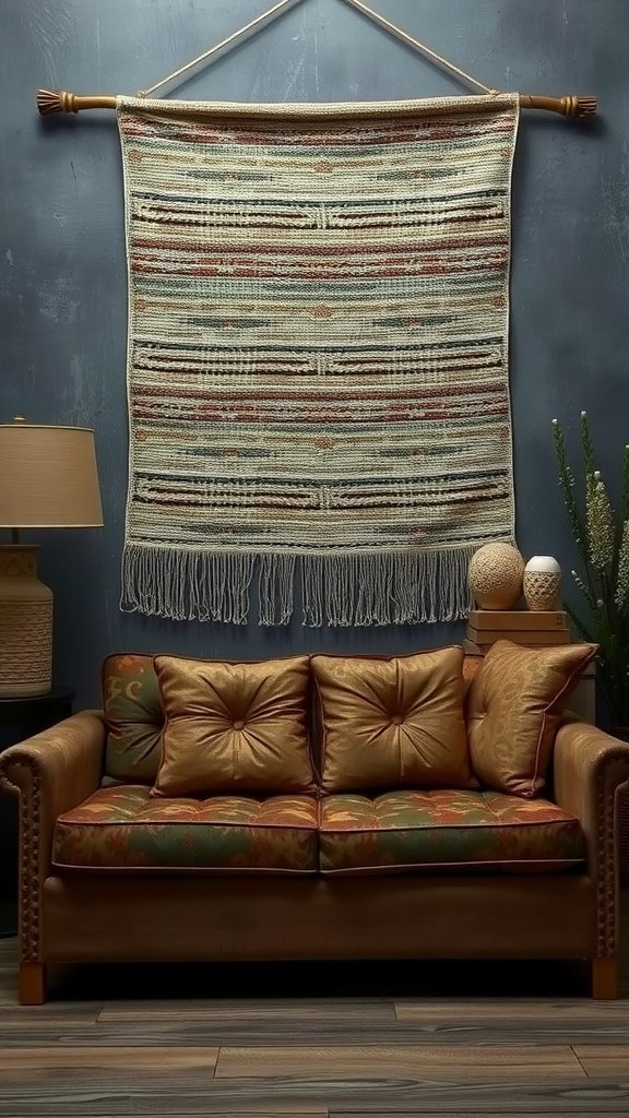 A cozy living room featuring a woven wall hanging above a brown couch with decorative pillows.