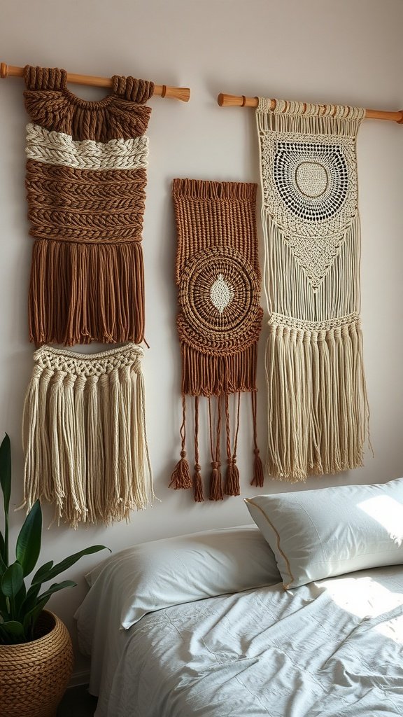 Woven wall hangings in a bedroom with soft colors and backlighting.
