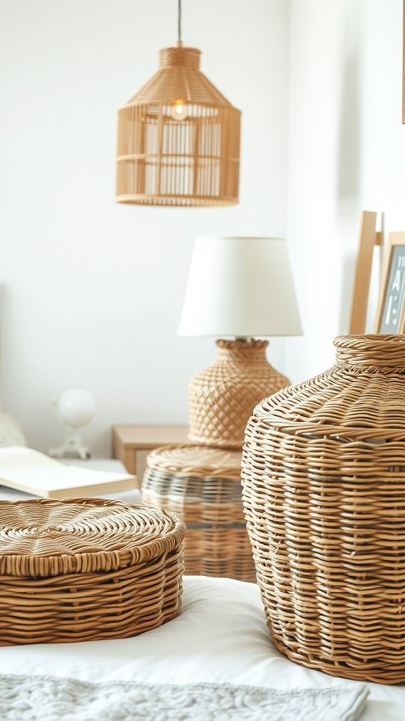 Woven wicker decor items in a cozy bedroom setting
