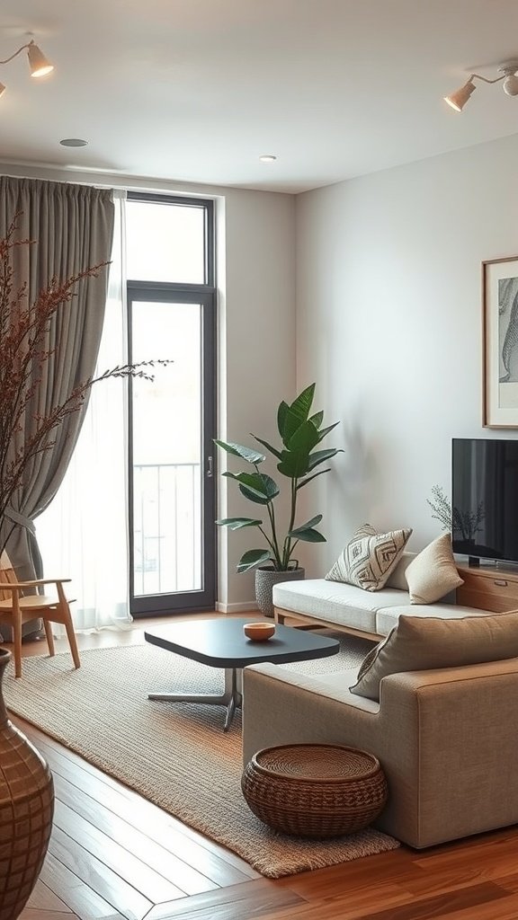 A minimalist living room corner featuring a plant, soft lighting, and a cozy chair, promoting a calming atmosphere.