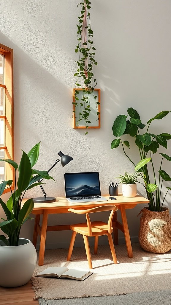 A serene study area featuring a desk with a laptop, surrounded by plants and natural light.