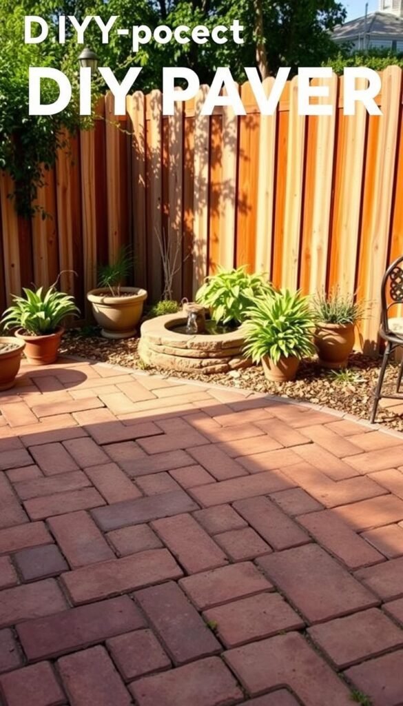 A backyard patio with a DIY paver project in the foreground. The pavers are neatly arranged in a herringbone pattern, creating a sturdy and visually interesting surface. The pavers are a warm, earthy tone, complementing the natural surroundings. In the middle ground, potted plants and a small water feature add a touch of greenery and tranquility. The background features a wooden fence, providing privacy and a rustic backdrop. The scene is bathed in warm, natural lighting, creating a cozy and inviting atmosphere. The overall composition suggests a budget-conscious yet stylish DIY patio project. A backyard patio with a DIY paver project in the foreground. The pavers are neatly arranged in a herringbone pattern, creating a sturdy and visually interesting surface. The pavers are a warm, earthy tone, complementing the natural surroundings. In the middle ground, potted plants and a small water feature add a touch of greenery and tranquility. The background features a wooden fence, providing privacy and a rustic backdrop. The scene is bathed in warm, natural lighting, creating a cozy and inviting atmosphere. The overall composition suggests a budget-conscious yet stylish DIY patio project.