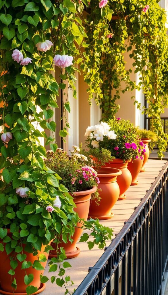 A balcony oasis with lush, verdant planters overflowing with cascading vines and blooming flowers. The setting is bathed in warm, golden afternoon light, filtering through the leaves and casting soft shadows. Terracotta pots in various sizes and shapes are artfully arranged, creating a sense of depth and visual interest. A wrought-iron railing frames the scene, hinting at the urban surroundings beyond. The overall atmosphere is one of tranquility and retreat, a serene haven amid the bustle of the city. A balcony oasis with lush, verdant planters overflowing with cascading vines and blooming flowers. The setting is bathed in warm, golden afternoon light, filtering through the leaves and casting soft shadows. Terracotta pots in various sizes and shapes are artfully arranged, creating a sense of depth and visual interest. A wrought-iron railing frames the scene, hinting at the urban surroundings beyond. The overall atmosphere is one of tranquility and retreat, a serene haven amid the bustle of the city.