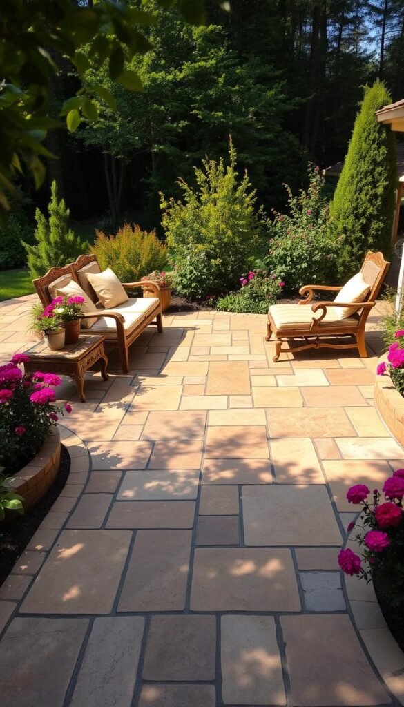 A beautifully crafted flagstone patio, with warm-toned natural stones arranged in a harmonious pattern, nestled amidst a lush, verdant garden. The patio is bathed in soft, golden sunlight, casting gentle shadows across the textured surface. Elegant outdoor furniture, crafted from weathered wood and plush cushions, invites visitors to relax and unwind. Vibrant flowering plants border the patio, adding pops of color and a serene, inviting ambiance. The scene is captured through a wide-angle lens, showcasing the seamless integration of the patio design with the surrounding landscape, creating a picturesque backyard oasis. A beautifully crafted flagstone patio, with warm-toned natural stones arranged in a harmonious pattern, nestled amidst a lush, verdant garden. The patio is bathed in soft, golden sunlight, casting gentle shadows across the textured surface. Elegant outdoor furniture, crafted from weathered wood and plush cushions, invites visitors to relax and unwind. Vibrant flowering plants border the patio, adding pops of color and a serene, inviting ambiance. The scene is captured through a wide-angle lens, showcasing the seamless integration of the patio design with the surrounding landscape, creating a picturesque backyard oasis.