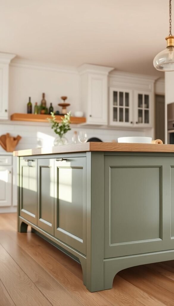 A beautifully crafted sage green kitchen island, bathed in warm, soft lighting and captured from a low angle to highlight its elegant, timeless design. The island's smooth, satin-finish surface reflects the gentle play of light, creating a sense of depth and dimension. Detailed wood grains and subtle distressing lend a rustic, artisanal touch, while clean lines and a minimalist silhouette maintain a modern, sophisticated aesthetic. The island is positioned in a bright, airy kitchen, with white walls and light hardwood floors providing a neutral backdrop that allows the sage green to truly shine. An atmosphere of tranquility and understated luxury permeates the scene, inviting the viewer to imagine the creative DIY projects that could transform this captivating centerpiece into the heart of a dream kitchen. A beautifully crafted sage green kitchen island, bathed in warm, soft lighting and captured from a low angle to highlight its elegant, timeless design. The island's smooth, satin-finish surface reflects the gentle play of light, creating a sense of depth and dimension. Detailed wood grains and subtle distressing lend a rustic, artisanal touch, while clean lines and a minimalist silhouette maintain a modern, sophisticated aesthetic. The island is positioned in a bright, airy kitchen, with white walls and light hardwood floors providing a neutral backdrop that allows the sage green to truly shine. An atmosphere of tranquility and understated luxury permeates the scene, inviting the viewer to imagine the creative DIY projects that could transform this captivating centerpiece into the heart of a dream kitchen.