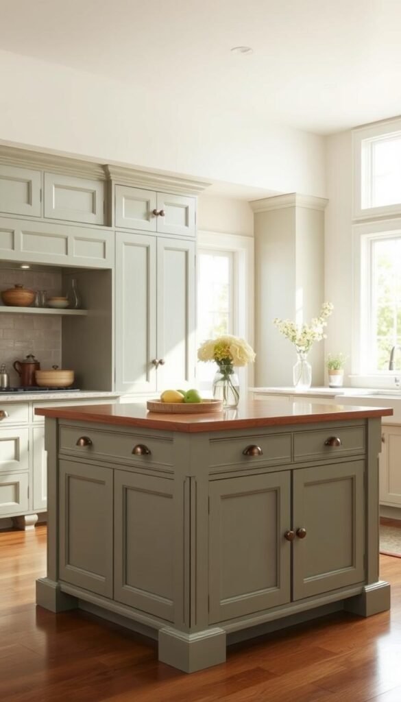 A beautifully crafted sage green kitchen island stands prominently in a bright, airy kitchen. The island's smooth, hand-polished surface gleams under the warm, natural lighting streaming through large windows. Graceful yet sturdy cabinets in a complementary shade of sage line the walls, providing ample storage space. Carefully selected hardware in a brushed bronze finish adds subtle elegance. Ambient light casts a soft, inviting glow, creating a serene and inviting atmosphere perfect for meal preparation or casual gatherings. The island's clean, minimalist design blends seamlessly with the kitchen's overall aesthetic, showcasing the timeless beauty of the carefully chosen sage green hue. A beautifully crafted sage green kitchen island stands prominently in a bright, airy kitchen. The island's smooth, hand-polished surface gleams under the warm, natural lighting streaming through large windows. Graceful yet sturdy cabinets in a complementary shade of sage line the walls, providing ample storage space. Carefully selected hardware in a brushed bronze finish adds subtle elegance. Ambient light casts a soft, inviting glow, creating a serene and inviting atmosphere perfect for meal preparation or casual gatherings. The island's clean, minimalist design blends seamlessly with the kitchen's overall aesthetic, showcasing the timeless beauty of the carefully chosen sage green hue.