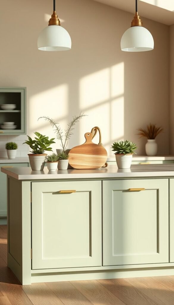 A beautifully designed sage green kitchen island set against a backdrop of warm, natural light. The island features a sleek, minimalist silhouette with clean lines and a smooth, matte finish. Carefully curated decor elements such as potted plants, a rustic wooden cutting board, and a set of polished brass hardware create a cohesive, organic aesthetic. The space is illuminated by a pair of modern pendant lights, casting a soft, ambient glow that enhances the island's timeless appeal. The overall composition evokes a sense of tranquility and sophistication, perfectly complementing the section's theme of "Creating a Cohesive Design with Sage Green". A beautifully designed sage green kitchen island set against a backdrop of warm, natural light. The island features a sleek, minimalist silhouette with clean lines and a smooth, matte finish. Carefully curated decor elements such as potted plants, a rustic wooden cutting board, and a set of polished brass hardware create a cohesive, organic aesthetic. The space is illuminated by a pair of modern pendant lights, casting a soft, ambient glow that enhances the island's timeless appeal. The overall composition evokes a sense of tranquility and sophistication, perfectly complementing the section's theme of "Creating a Cohesive Design with Sage Green".