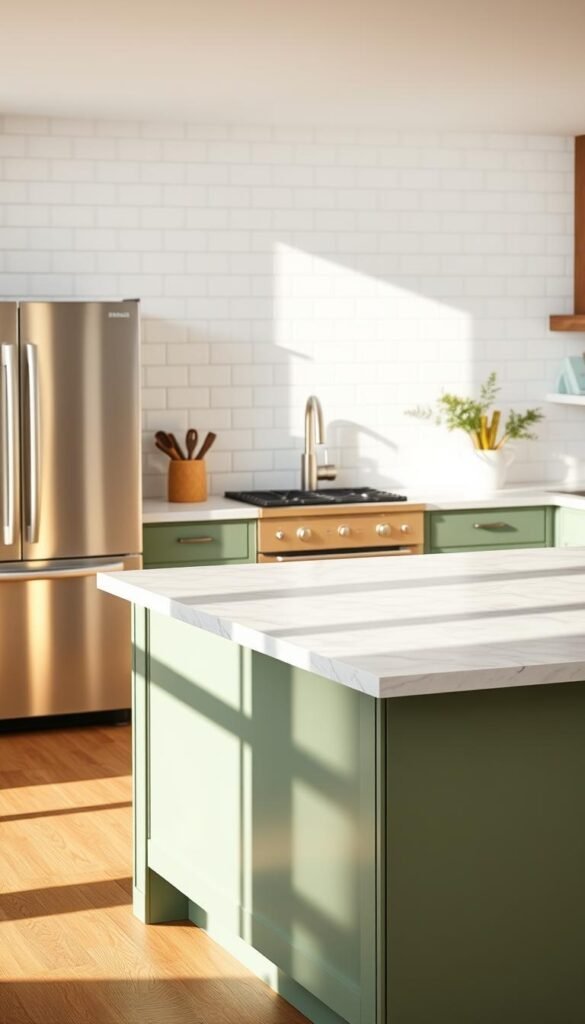A beautifully lit, sage green kitchen island with a sleek, marble countertop takes center stage. The island's clean lines and matte finish exude a timeless elegance, complemented by the warm, natural lighting flooding the space. Soft shadows dance across the surface, highlighting the intricate grain pattern. In the background, a pristine, white subway tile backsplash creates a seamless, modern backdrop, while stainless steel appliances gleam with a polished sheen. The entire scene emanates a sense of effortless sophistication, inviting the viewer to imagine preparing meals and entertaining guests in this serene, harmonious kitchen. A beautifully lit, sage green kitchen island with a sleek, marble countertop takes center stage. The island's clean lines and matte finish exude a timeless elegance, complemented by the warm, natural lighting flooding the space. Soft shadows dance across the surface, highlighting the intricate grain pattern. In the background, a pristine, white subway tile backsplash creates a seamless, modern backdrop, while stainless steel appliances gleam with a polished sheen. The entire scene emanates a sense of effortless sophistication, inviting the viewer to imagine preparing meals and entertaining guests in this serene, harmonious kitchen.