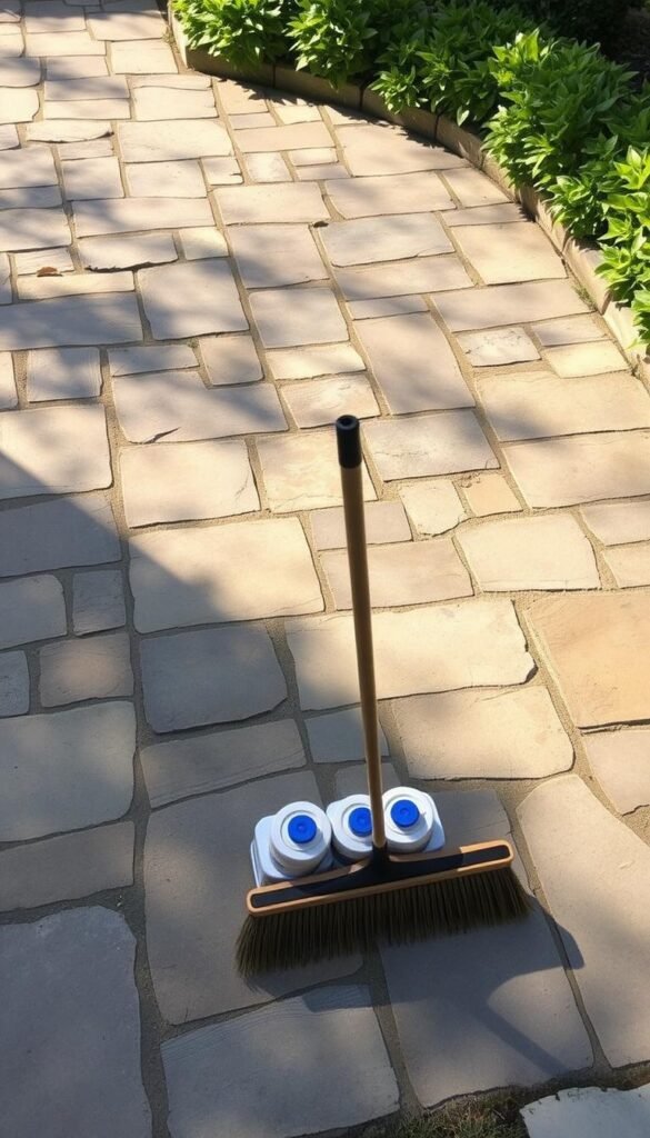 A beautifully maintained flagstone patio, the stones meticulously arranged in a natural, organic pattern. Sunlight dapples the surface, casting warm shadows that accentuate the texture and color variations of the weathered stone. In the foreground, a broom rests against a neatly stacked pile of cleaning supplies, indicating the recent attention paid to keeping this outdoor oasis in pristine condition. A lush, verdant border of well-tended plants frames the patio, creating a harmonious blend of man-made and natural elements. The overall scene conveys a sense of tranquility and thoughtful curation, showcasing the enduring appeal and low-maintenance benefits of a flagstone patio design. A beautifully maintained flagstone patio, the stones meticulously arranged in a natural, organic pattern. Sunlight dapples the surface, casting warm shadows that accentuate the texture and color variations of the weathered stone. In the foreground, a broom rests against a neatly stacked pile of cleaning supplies, indicating the recent attention paid to keeping this outdoor oasis in pristine condition. A lush, verdant border of well-tended plants frames the patio, creating a harmonious blend of man-made and natural elements. The overall scene conveys a sense of tranquility and thoughtful curation, showcasing the enduring appeal and low-maintenance benefits of a flagstone patio design.