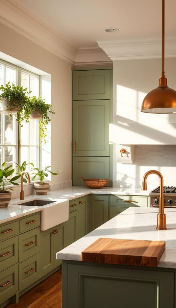 A bright, airy sage green kitchen bathed in warm, natural lighting. Sleek, modern cabinets in a muted sage hue alongside white marble countertops and backsplash. Copper and brass accents gleam in the sunlight, complementing the greenery of potted plants on the windowsill. The room is filled with a sense of tranquility and sophistication, drawing the eye to the clean lines and refined color palette. A large, central island provides ample counter space for meal preparation, with a wooden cutting board and a vintage-inspired faucet. The overall atmosphere is one of effortless elegance, showcasing the timeless appeal of sage green in a contemporary kitchen setting. A bright, airy sage green kitchen bathed in warm, natural lighting. Sleek, modern cabinets in a muted sage hue alongside white marble countertops and backsplash. Copper and brass accents gleam in the sunlight, complementing the greenery of potted plants on the windowsill. The room is filled with a sense of tranquility and sophistication, drawing the eye to the clean lines and refined color palette. A large, central island provides ample counter space for meal preparation, with a wooden cutting board and a vintage-inspired faucet. The overall atmosphere is one of effortless elegance, showcasing the timeless appeal of sage green in a contemporary kitchen setting.