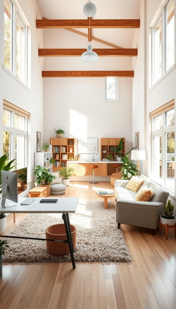 A bright, airy shared living room workspace, with abundant natural light streaming through large windows. A modern, minimalist desk setup occupies the foreground, with a comfortable armchair and plush area rug creating a cozy seating area nearby. Warm-toned wooden accents and lush, potted plants add organic touches throughout the space. The middle ground features bookshelves, artwork, and decorative elements that personalize the area. In the background, an open floor plan seamlessly transitions to a kitchen or dining space, further enhancing the sense of a cohesive, multipurpose living environment. A bright, airy shared living room workspace, with abundant natural light streaming through large windows. A modern, minimalist desk setup occupies the foreground, with a comfortable armchair and plush area rug creating a cozy seating area nearby. Warm-toned wooden accents and lush, potted plants add organic touches throughout the space. The middle ground features bookshelves, artwork, and decorative elements that personalize the area. In the background, an open floor plan seamlessly transitions to a kitchen or dining space, further enhancing the sense of a cohesive, multipurpose living environment.
