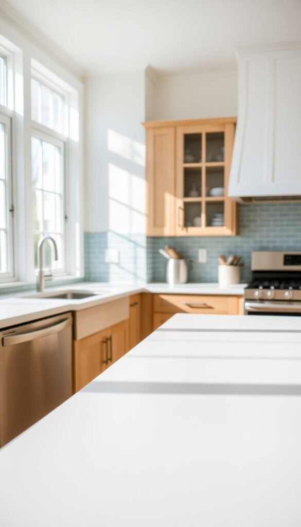 A bright and airy kitchen countertop, its neutral-toned surface freshly refinished with a DIY approach. The countertop stands in the foreground, bathed in natural light filtering through large windows. The middle ground showcases a chic backsplash of subway tiles in a soothing blue-grey hue, complementing the countertop's natural tones. In the background, glimpses of wood-grain cabinetry and stainless steel appliances hint at the modern, minimalist design elements of the space. The overall mood is one of a serene, inviting kitchen that has been transformed through a careful, hands-on DIY project. A bright and airy kitchen countertop, its neutral-toned surface freshly refinished with a DIY approach. The countertop stands in the foreground, bathed in natural light filtering through large windows. The middle ground showcases a chic backsplash of subway tiles in a soothing blue-grey hue, complementing the countertop's natural tones. In the background, glimpses of wood-grain cabinetry and stainless steel appliances hint at the modern, minimalist design elements of the space. The overall mood is one of a serene, inviting kitchen that has been transformed through a careful, hands-on DIY project.