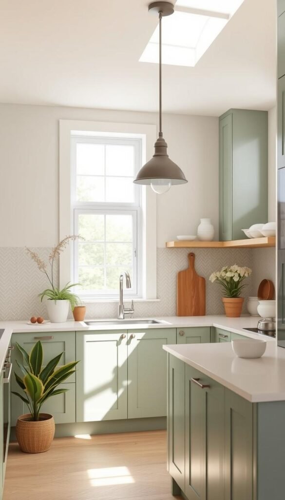 A bright and airy sage green kitchen with matte finish cabinets, cream-colored quartz countertops, and warm wooden accents. Natural light streams in through large windows, casting a soft glow on the space. A modern pendant light fixture adds a touch of industrial chic. The backsplash features a subtle herringbone tile pattern that complements the overall color palette. The room is styled with potted plants, minimalist decor, and open shelving showcasing ceramics and glassware. The atmosphere exudes a sense of effortless elegance and timeless style. A bright and airy sage green kitchen with matte finish cabinets, cream-colored quartz countertops, and warm wooden accents. Natural light streams in through large windows, casting a soft glow on the space. A modern pendant light fixture adds a touch of industrial chic. The backsplash features a subtle herringbone tile pattern that complements the overall color palette. The room is styled with potted plants, minimalist decor, and open shelving showcasing ceramics and glassware. The atmosphere exudes a sense of effortless elegance and timeless style.