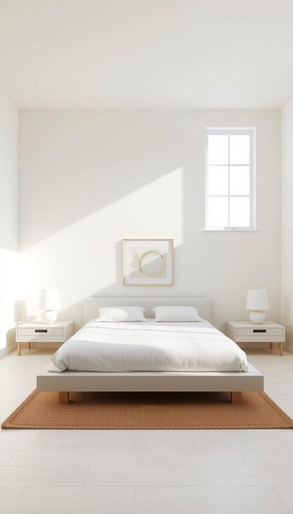 A bright, minimalist bedroom with a clean, sleek design. A large window bathed in natural light illuminates the space, casting a soft glow on the pale wooden floors and simple white bedding. A low-profile platform bed takes center stage, flanked by minimalist nightstands with clean-lined lamps. The walls are painted in a soft, neutral color, creating a calming and serene atmosphere. Subtle textures, such as a woven area rug and a single piece of abstract art, add visual interest without overwhelming the space. The overall impression is one of calm, uncluttered elegance. A bright, minimalist bedroom with a clean, sleek design. A large window bathed in natural light illuminates the space, casting a soft glow on the pale wooden floors and simple white bedding. A low-profile platform bed takes center stage, flanked by minimalist nightstands with clean-lined lamps. The walls are painted in a soft, neutral color, creating a calming and serene atmosphere. Subtle textures, such as a woven area rug and a single piece of abstract art, add visual interest without overwhelming the space. The overall impression is one of calm, uncluttered elegance.