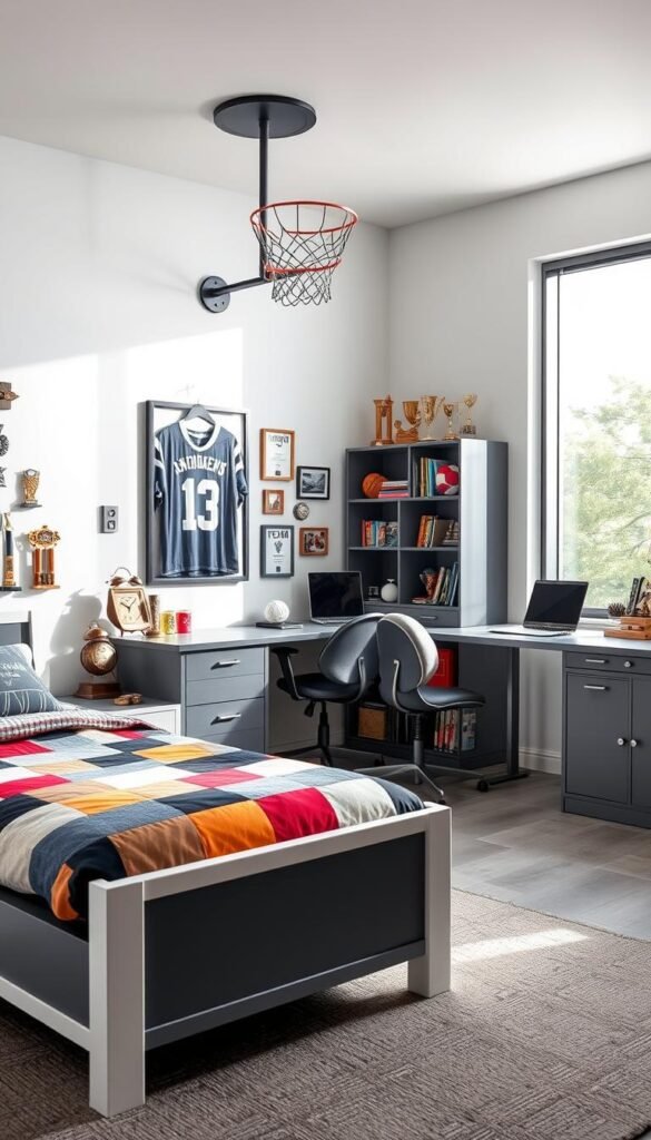 A bright, sports-inspired teenage boy's bedroom. In the foreground, a sleek gray and white bed frame with a colorful patchwork quilt. On the nightstand, a trophy collection and a vintage-style alarm clock. Hanging on the wall, a large framed sports jersey and a wall-mounted basketball hoop. The midground features a gray desk with a swivel chair, a laptop, and various sports memorabilia. In the background, a large window floods the room with natural light, showcasing a sports equipment storage unit and a bookshelf filled with trophies, yearbooks, and sports magazines. The overall atmosphere is energetic, youthful, and tailored to the interests of an active teenage boy. A bright, sports-inspired teenage boy's bedroom. In the foreground, a sleek gray and white bed frame with a colorful patchwork quilt. On the nightstand, a trophy collection and a vintage-style alarm clock. Hanging on the wall, a large framed sports jersey and a wall-mounted basketball hoop. The midground features a gray desk with a swivel chair, a laptop, and various sports memorabilia. In the background, a large window floods the room with natural light, showcasing a sports equipment storage unit and a bookshelf filled with trophies, yearbooks, and sports magazines. The overall atmosphere is energetic, youthful, and tailored to the interests of an active teenage boy.