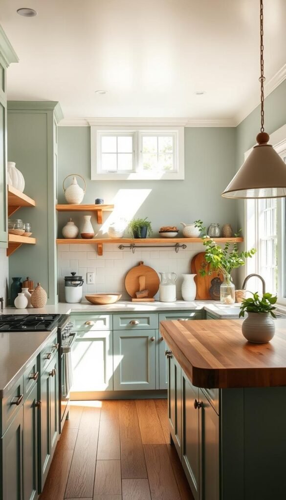 A bright, well-lit kitchen with soothing sage green cabinets, shelves, and countertops. Sunlight streams through large windows, casting a warm glow on the space. A mix of natural wood accents, like open shelving and a butcher block island, add depth and texture. Tasteful decor pieces, such as ceramic vases and lush potted plants, lend a DIY, artisanal feel. The overall atmosphere is one of effortless elegance, inviting the viewer to imagine the kitchen as a hub for culinary creativity and casual gatherings. Captured with a wide-angle lens to showcase the full scope of the room. A bright, well-lit kitchen with soothing sage green cabinets, shelves, and countertops. Sunlight streams through large windows, casting a warm glow on the space. A mix of natural wood accents, like open shelving and a butcher block island, add depth and texture. Tasteful decor pieces, such as ceramic vases and lush potted plants, lend a DIY, artisanal feel. The overall atmosphere is one of effortless elegance, inviting the viewer to imagine the kitchen as a hub for culinary creativity and casual gatherings. Captured with a wide-angle lens to showcase the full scope of the room.