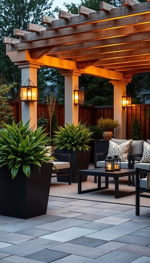 A captivating patio scene with weather-resistant decor pieces that effortlessly blend style and durability. In the foreground, sleek, modern outdoor furniture with plush, fade-resistant cushions invites relaxation. Mid-ground features sturdy, moisture-proof planters overflowing with lush, verdant greenery that complements the natural stone pavers underfoot. The background showcases a slatted wooden pergola, its weather-treated beams casting a warm, gentle glow from the strategically placed lanterns. Soft ambient lighting illuminates the entire space, creating a cozy, welcoming atmosphere perfect for year-round enjoyment. The overall mood is one of sophistication and timeless elegance, showcasing decor choices that can withstand the elements. A captivating patio scene with weather-resistant decor pieces that effortlessly blend style and durability. In the foreground, sleek, modern outdoor furniture with plush, fade-resistant cushions invites relaxation. Mid-ground features sturdy, moisture-proof planters overflowing with lush, verdant greenery that complements the natural stone pavers underfoot. The background showcases a slatted wooden pergola, its weather-treated beams casting a warm, gentle glow from the strategically placed lanterns. Soft ambient lighting illuminates the entire space, creating a cozy, welcoming atmosphere perfect for year-round enjoyment. The overall mood is one of sophistication and timeless elegance, showcasing decor choices that can withstand the elements.