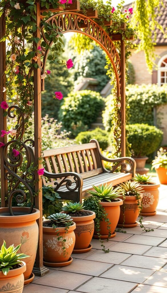A charming DIY garden decor tableau set against a sun-dappled patio. In the foreground, an ornate, handcrafted trellis overflows with cascading vines and vibrant flowers. Strategically placed terracotta pots, each adorned with whimsical painted patterns, line the patio's edge. In the middle ground, a rustic wooden bench sits nestled among potted succulents and trailing ivy. The background features a verdant, lush garden backdrop, with hints of a picturesque cottage visible in the distance. Warm, golden lighting filters through the scene, creating a cozy, inviting atmosphere. The overall effect is one of effortless, personalized style - a harmonious blend of natural elements and artisanal details that transform the outdoor space into a charming, welcoming oasis. A charming DIY garden decor tableau set against a sun-dappled patio. In the foreground, an ornate, handcrafted trellis overflows with cascading vines and vibrant flowers. Strategically placed terracotta pots, each adorned with whimsical painted patterns, line the patio's edge. In the middle ground, a rustic wooden bench sits nestled among potted succulents and trailing ivy. The background features a verdant, lush garden backdrop, with hints of a picturesque cottage visible in the distance. Warm, golden lighting filters through the scene, creating a cozy, inviting atmosphere. The overall effect is one of effortless, personalized style - a harmonious blend of natural elements and artisanal details that transform the outdoor space into a charming, welcoming oasis.