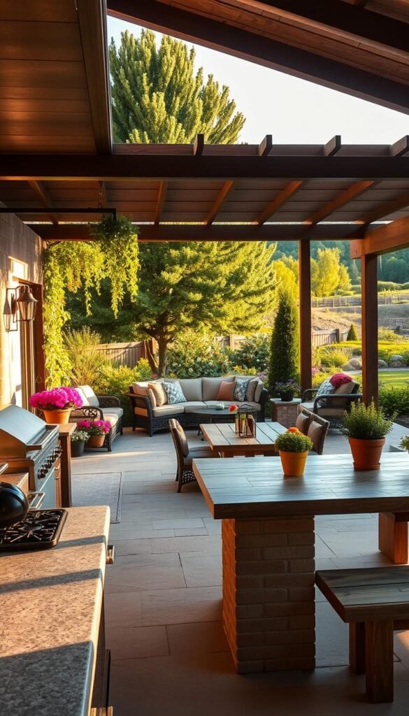 A charming and inviting family-friendly outdoor kitchen, bathed in warm afternoon sunlight. In the foreground, a large stone countertop with a built-in grill and a casual, farmhouse-style wooden table surrounded by sturdy benches. Middle ground features vibrant potted plants, a cozy seating area with plush cushions, and a wooden pergola festooned with trailing vines. In the background, a lush, green landscape with towering trees and a glimpse of a tranquil garden. Soft, diffused lighting casts a welcoming glow, creating a relaxed, al fresco ambiance perfect for casual gatherings and meals with loved ones. A charming and inviting family-friendly outdoor kitchen, bathed in warm afternoon sunlight. In the foreground, a large stone countertop with a built-in grill and a casual, farmhouse-style wooden table surrounded by sturdy benches. Middle ground features vibrant potted plants, a cozy seating area with plush cushions, and a wooden pergola festooned with trailing vines. In the background, a lush, green landscape with towering trees and a glimpse of a tranquil garden. Soft, diffused lighting casts a welcoming glow, creating a relaxed, al fresco ambiance perfect for casual gatherings and meals with loved ones.