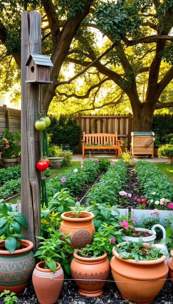 A charming backyard oasis, lush with verdant foliage and whimsical DIY decor. In the foreground, a delightful array of handcrafted garden ornaments - terracotta planters adorned with intricate patterns, wind chimes made from repurposed materials, and a rustic birdhouse perched atop a weathered wooden post. The middle ground showcases a vibrant vegetable garden, with rows of thriving tomato plants, cascading herbs, and a cheerful array of flowers adding pops of color. In the background, a cozy seating area invites relaxation, with a handmade wooden bench nestled under the dappled shade of a mature oak tree. The scene is bathed in warm, golden light, creating a serene and inviting atmosphere. A charming backyard oasis, lush with verdant foliage and whimsical DIY decor. In the foreground, a delightful array of handcrafted garden ornaments - terracotta planters adorned with intricate patterns, wind chimes made from repurposed materials, and a rustic birdhouse perched atop a weathered wooden post. The middle ground showcases a vibrant vegetable garden, with rows of thriving tomato plants, cascading herbs, and a cheerful array of flowers adding pops of color. In the background, a cozy seating area invites relaxation, with a handmade wooden bench nestled under the dappled shade of a mature oak tree. The scene is bathed in warm, golden light, creating a serene and inviting atmosphere.