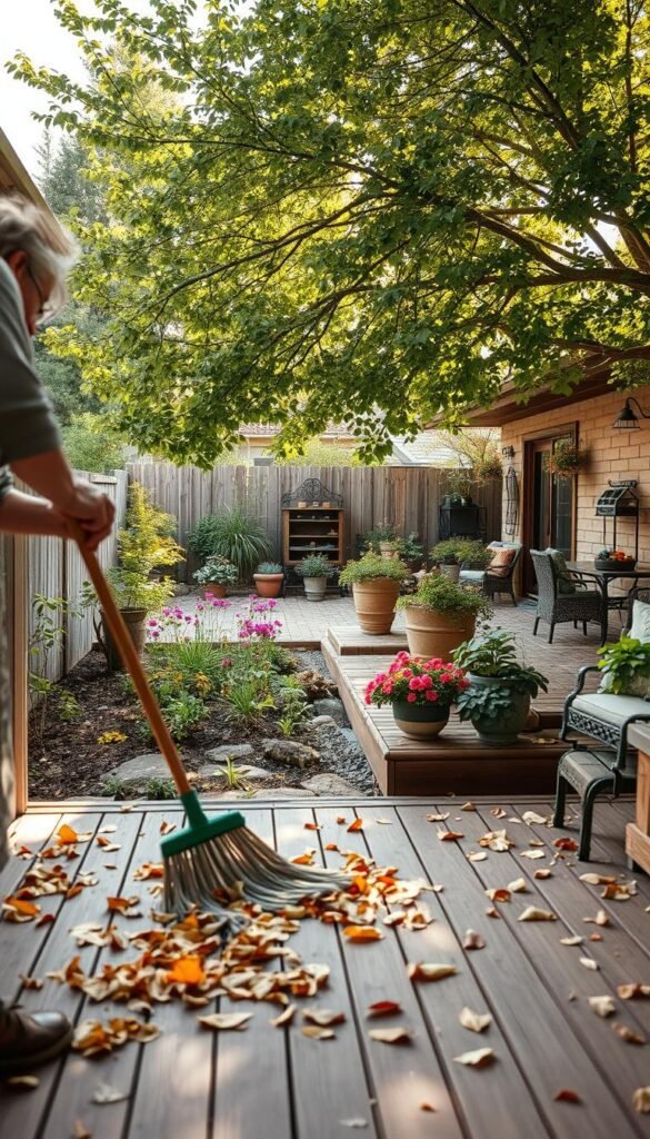 A charming outdoor living space undergoing seasonal maintenance. In the foreground, a person diligently sweeps fallen leaves from a wooden deck, their movements captured in a warm, soft-focus glow. The middle ground showcases a well-tended garden, brimming with vibrant blooms and lush foliage. In the background, a cozy patio adorned with strategically placed planters and rustic furniture sits beneath a canopy of verdant trees, casting a dappled, natural light across the scene. The overall atmosphere exudes a sense of peaceful productivity, reflecting the care and attention required to maintain an inviting outdoor oasis throughout the changing seasons. A charming outdoor living space undergoing seasonal maintenance. In the foreground, a person diligently sweeps fallen leaves from a wooden deck, their movements captured in a warm, soft-focus glow. The middle ground showcases a well-tended garden, brimming with vibrant blooms and lush foliage. In the background, a cozy patio adorned with strategically placed planters and rustic furniture sits beneath a canopy of verdant trees, casting a dappled, natural light across the scene. The overall atmosphere exudes a sense of peaceful productivity, reflecting the care and attention required to maintain an inviting outdoor oasis throughout the changing seasons.