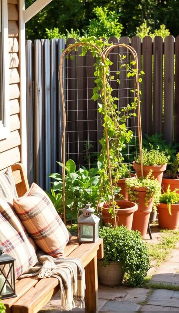 A charming outdoor scene, bathed in warm afternoon sunlight. In the foreground, a rustic wooden bench adorned with a cozy plaid throw and plump cushions invites visitors to pause and relax. Beside it, a vintage metal lantern casts a soft, flickering glow. In the middle ground, a collection of terracotta planters overflows with vibrant, trailing greenery, complemented by a simple wire trellis supporting a flourishing climbing vine. In the background, a weathered wooden fence frames the scene, with a glimpse of a lush, verdant garden beyond. The overall atmosphere exudes a sense of effortless, budget-friendly elegance. A charming outdoor scene, bathed in warm afternoon sunlight. In the foreground, a rustic wooden bench adorned with a cozy plaid throw and plump cushions invites visitors to pause and relax. Beside it, a vintage metal lantern casts a soft, flickering glow. In the middle ground, a collection of terracotta planters overflows with vibrant, trailing greenery, complemented by a simple wire trellis supporting a flourishing climbing vine. In the background, a weathered wooden fence frames the scene, with a glimpse of a lush, verdant garden beyond. The overall atmosphere exudes a sense of effortless, budget-friendly elegance.