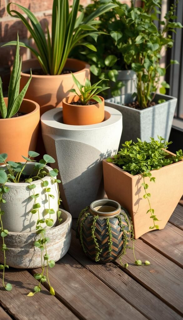 A collection of distinctive urban planting containers arranged in a harmonious composition, captured in warm, natural lighting. Minimalist yet eye-catching terracotta pots, streamlined concrete planters, and repurposed vintage vessels sit atop a weathered wooden surface, complemented by lush, trailing foliage spilling over the edges. The scene conveys a sense of tranquility and creativity, perfect for enhancing the aesthetic of a small city balcony or patio. Slightly elevated perspective to showcase the varied textures and forms of the containers, with a softly blurred background keeping the focus on the unique, sculptural pieces. A collection of distinctive urban planting containers arranged in a harmonious composition, captured in warm, natural lighting. Minimalist yet eye-catching terracotta pots, streamlined concrete planters, and repurposed vintage vessels sit atop a weathered wooden surface, complemented by lush, trailing foliage spilling over the edges. The scene conveys a sense of tranquility and creativity, perfect for enhancing the aesthetic of a small city balcony or patio. Slightly elevated perspective to showcase the varied textures and forms of the containers, with a softly blurred background keeping the focus on the unique, sculptural pieces.